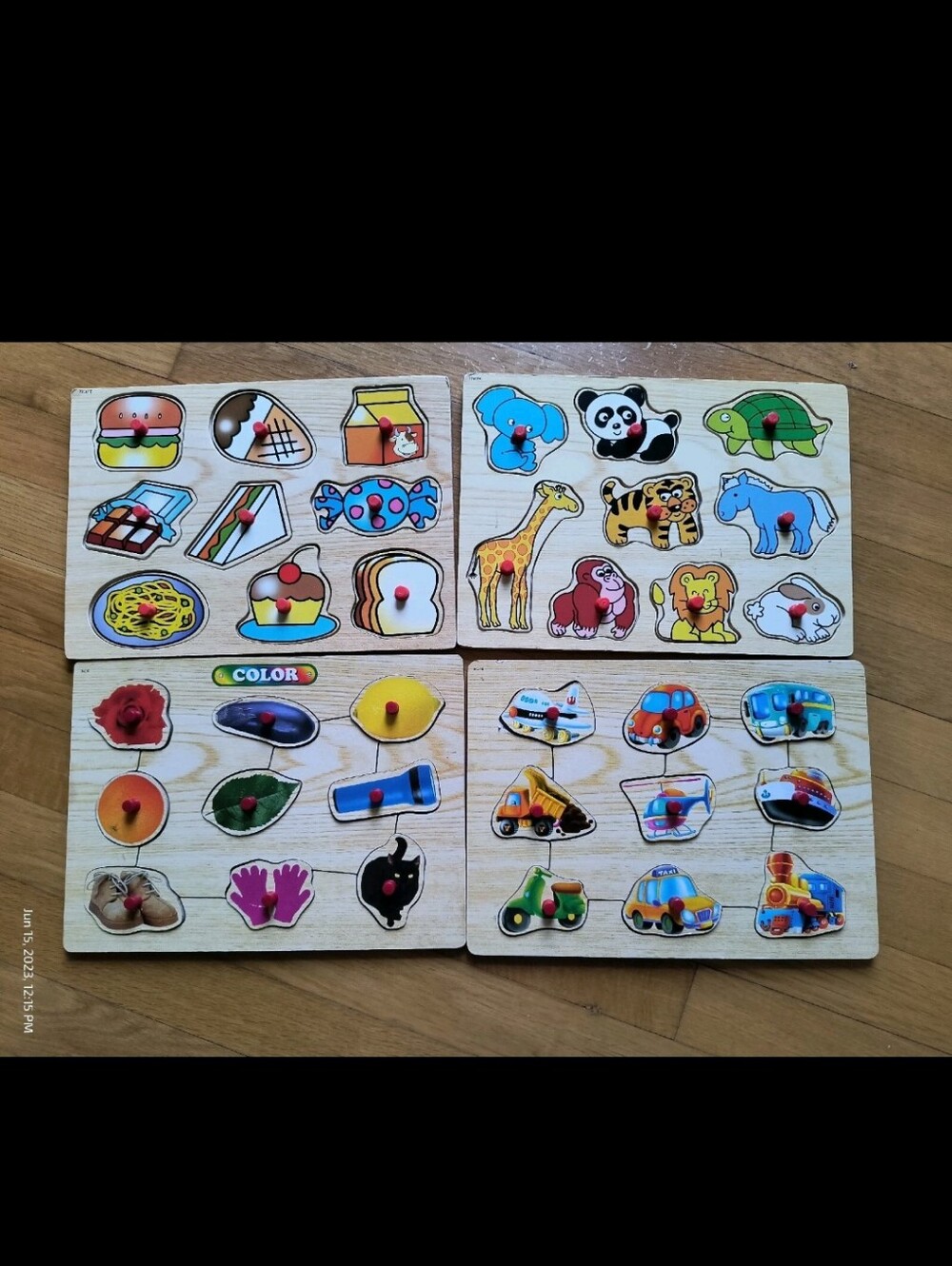 Four Wooden Kids Puzzle Set - Colorful Animal, Vehicle & Food Peg Puzzles GUC